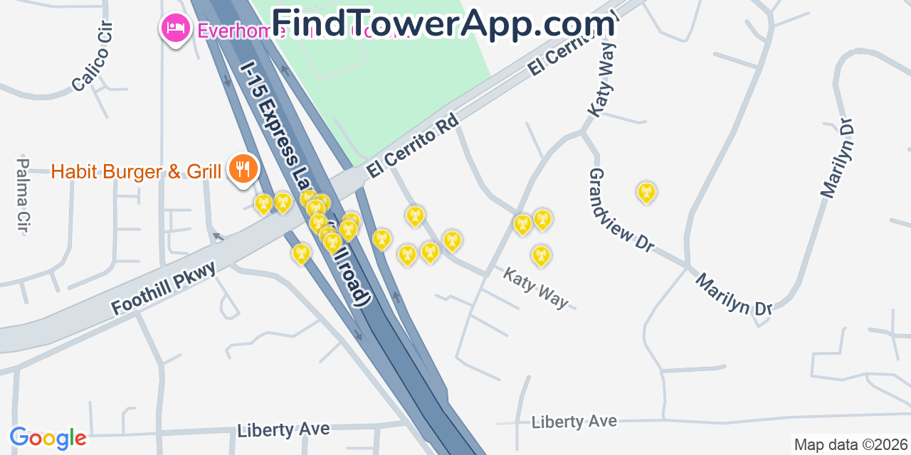 Map showing the 20 primary cell tower locations detected in El Cerrito Corona, California from AT&T, Verizon, and T-Mobile networks