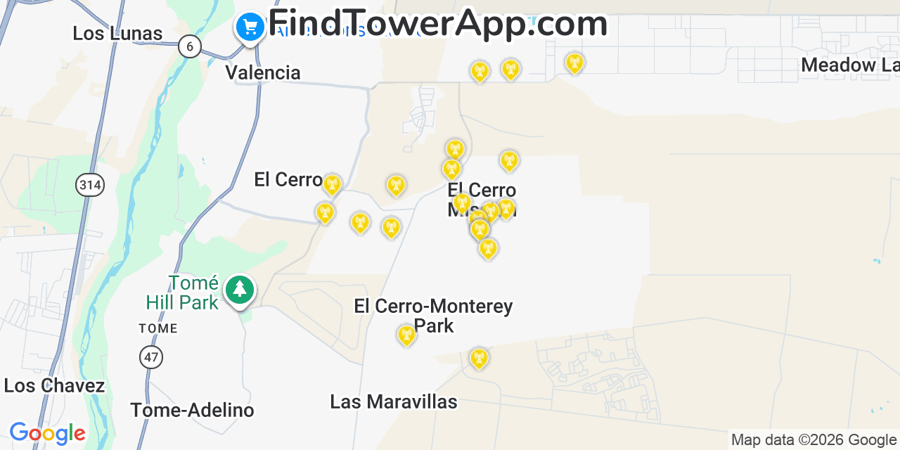 Map showing the 20 primary cell tower locations detected in El Cerro Mission, New Mexico from AT&T, Verizon, and T-Mobile networks