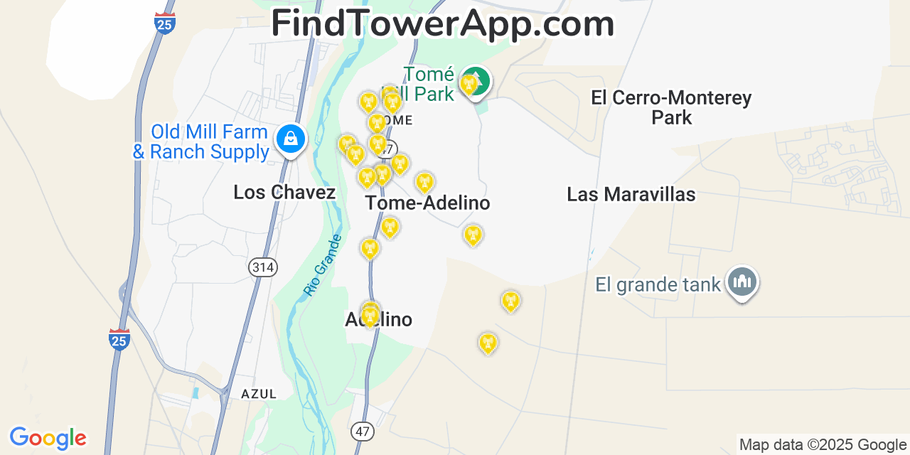 Map showing the 20 primary cell tower locations detected in El Cerro, New Mexico from AT&T, Verizon, and T-Mobile networks
