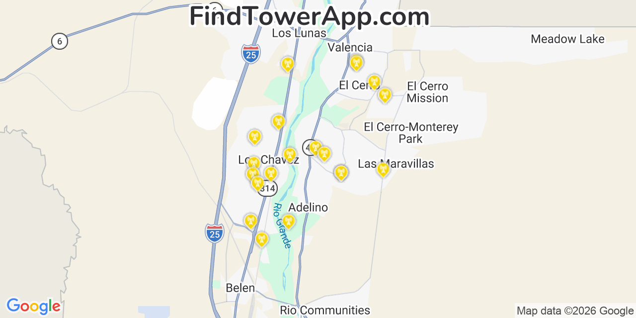 Map showing the 20 primary cell tower locations detected in El Cerro, New Mexico from AT&T, Verizon, and T-Mobile networks