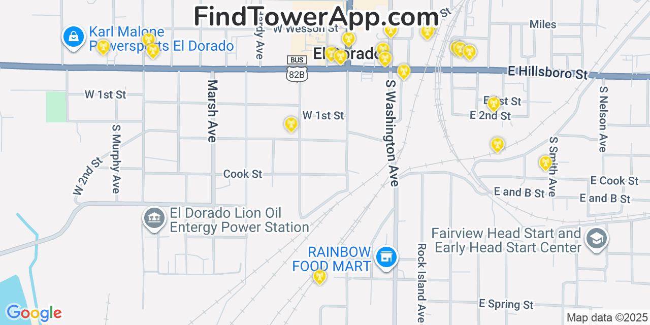 Map showing the 20 primary cell tower locations detected in El Dorado, Arkansas from AT&T, Verizon, and T-Mobile networks