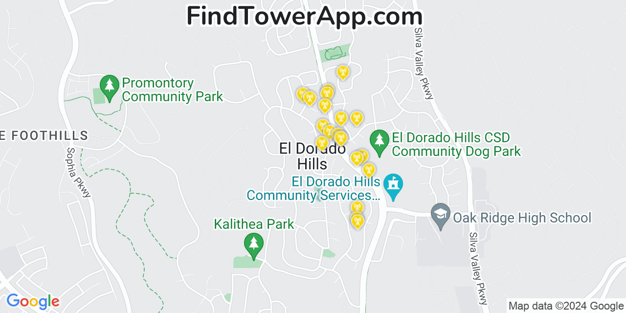 AT&T 4G/5G cell tower coverage map El Dorado Hills, California