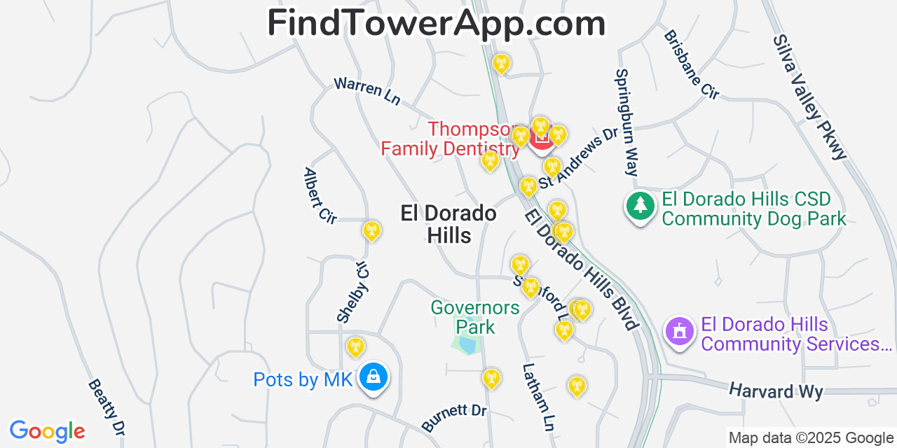 Map showing the 20 primary cell tower locations detected in El Dorado Hills, California from AT&T, Verizon, and T-Mobile networks