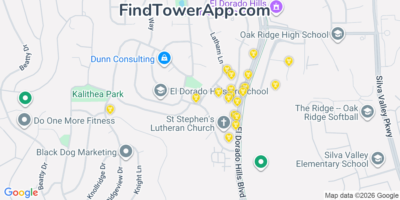 Map showing the 20 primary cell tower locations detected in El Dorado Hills, California from AT&T, Verizon, and T-Mobile networks