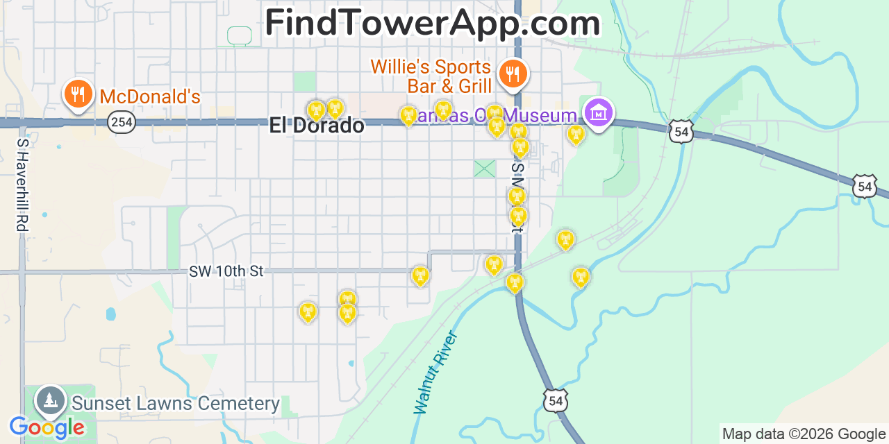 Map showing the 20 primary cell tower locations detected in El Dorado, Kansas from AT&T, Verizon, and T-Mobile networks