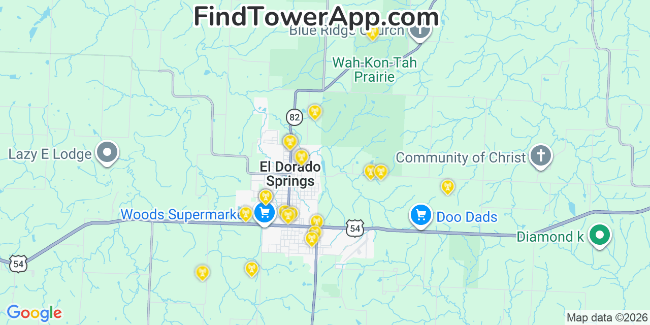Map showing the 20 primary cell tower locations detected in El Dorado Springs, Missouri from AT&T, Verizon, and T-Mobile networks