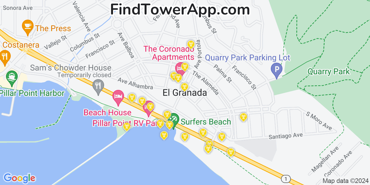 AT&T 4G/5G cell tower coverage map El Granada, California