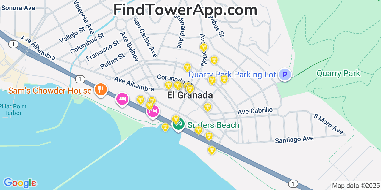 Map showing the 20 primary cell tower locations detected in El Granada, California from AT&T, Verizon, and T-Mobile networks