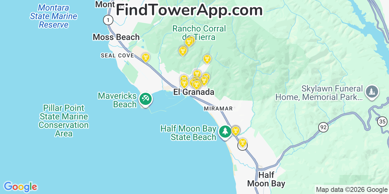 Map showing the 20 primary cell tower locations detected in El Granada, California from AT&T, Verizon, and T-Mobile networks