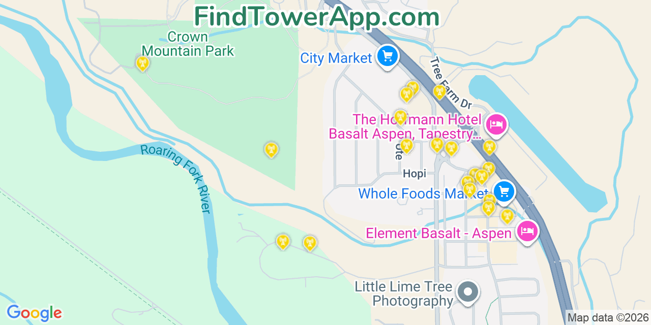 Map showing the 20 primary cell tower locations detected in El Jebel, Colorado from AT&T, Verizon, and T-Mobile networks