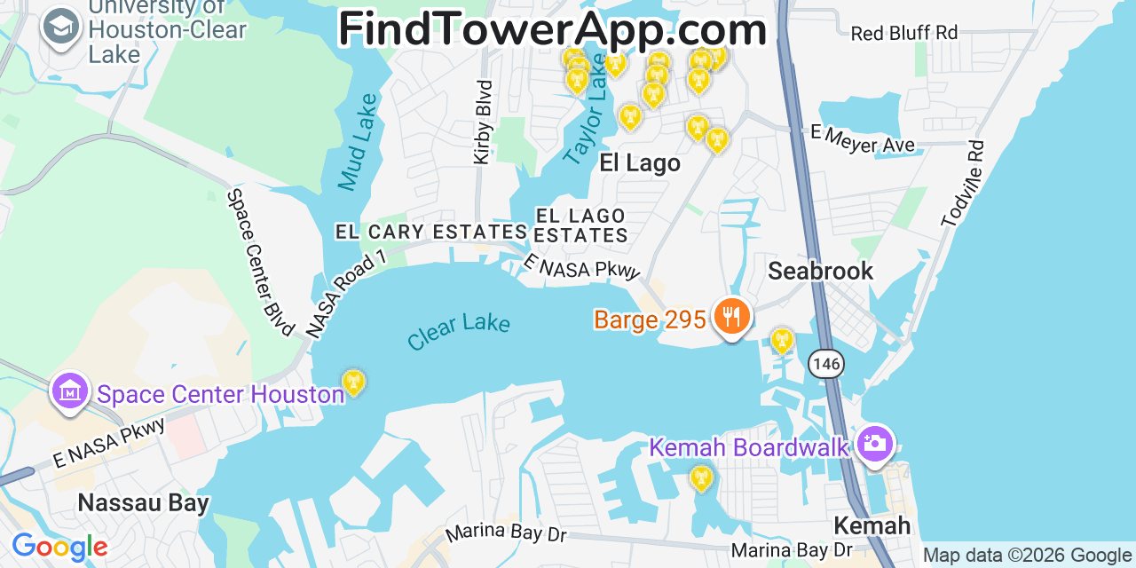Map showing the 20 primary cell tower locations detected in El Lago, Texas from AT&T, Verizon, and T-Mobile networks