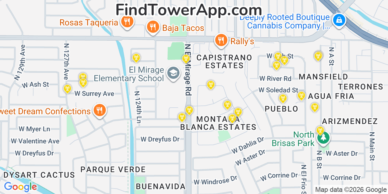 Map showing the 20 primary cell tower locations detected in El Mirage, Arizona from AT&T, Verizon, and T-Mobile networks