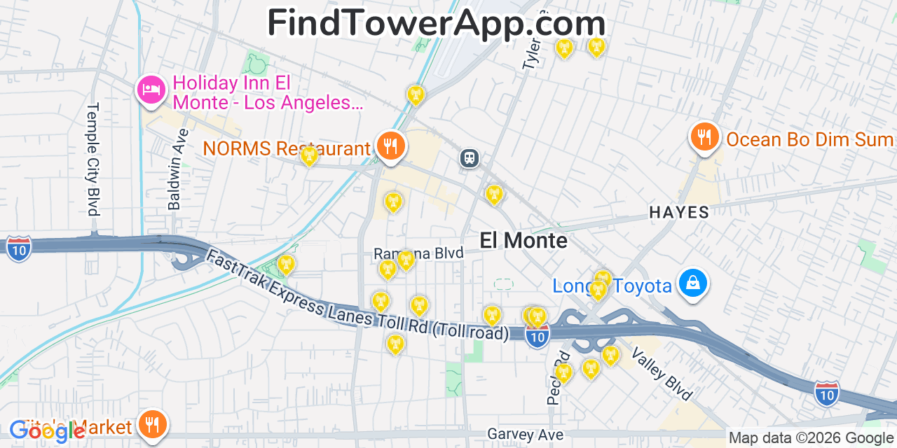 Map showing the 20 primary cell tower locations detected in El Monte, California from AT&T, Verizon, and T-Mobile networks