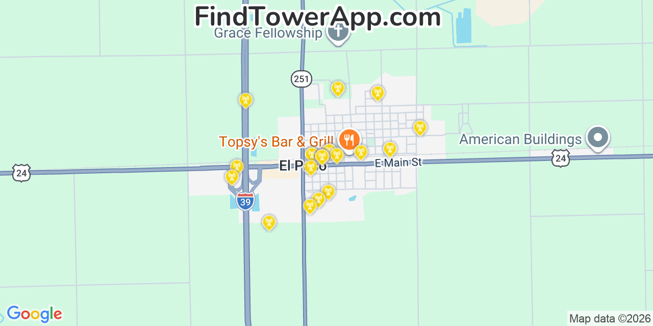 Map showing the 20 primary cell tower locations detected in El Paso, Illinois from AT&T, Verizon, and T-Mobile networks