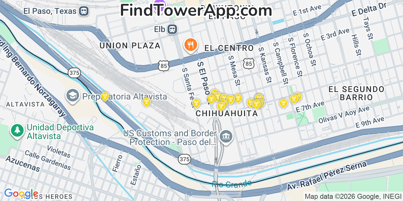 Map showing the 20 primary cell tower locations detected in El Paso, Texas from AT&T, Verizon, and T-Mobile networks