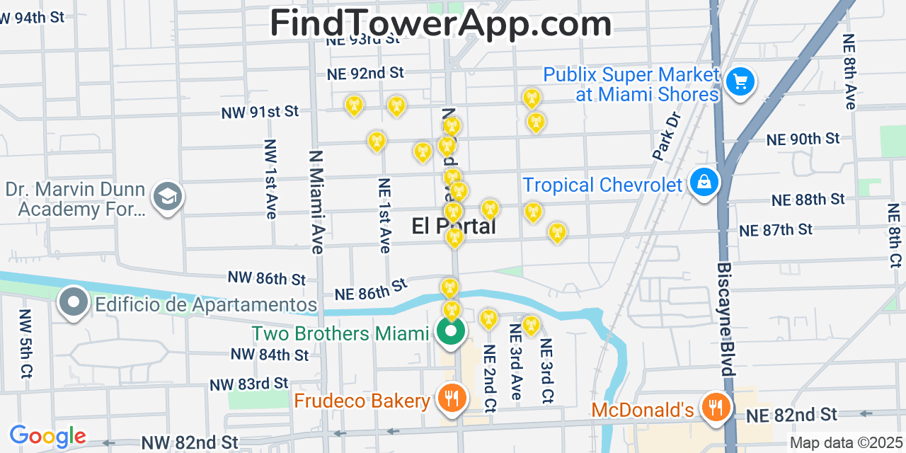 Map showing the 20 primary cell tower locations detected in El Portal, Florida from AT&T, Verizon, and T-Mobile networks