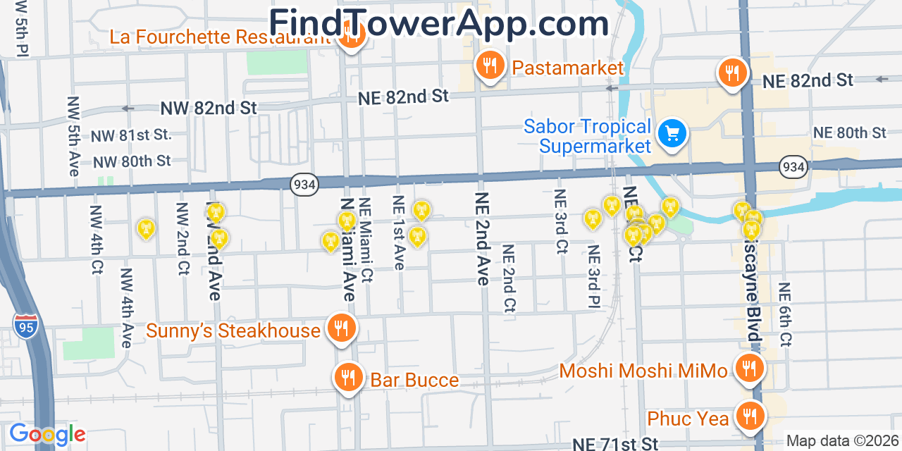 Map showing the 20 primary cell tower locations detected in El Portal, Florida from AT&T, Verizon, and T-Mobile networks