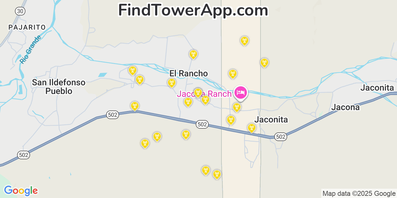Map showing the 20 primary cell tower locations detected in El Rancho, New Mexico from AT&T, Verizon, and T-Mobile networks