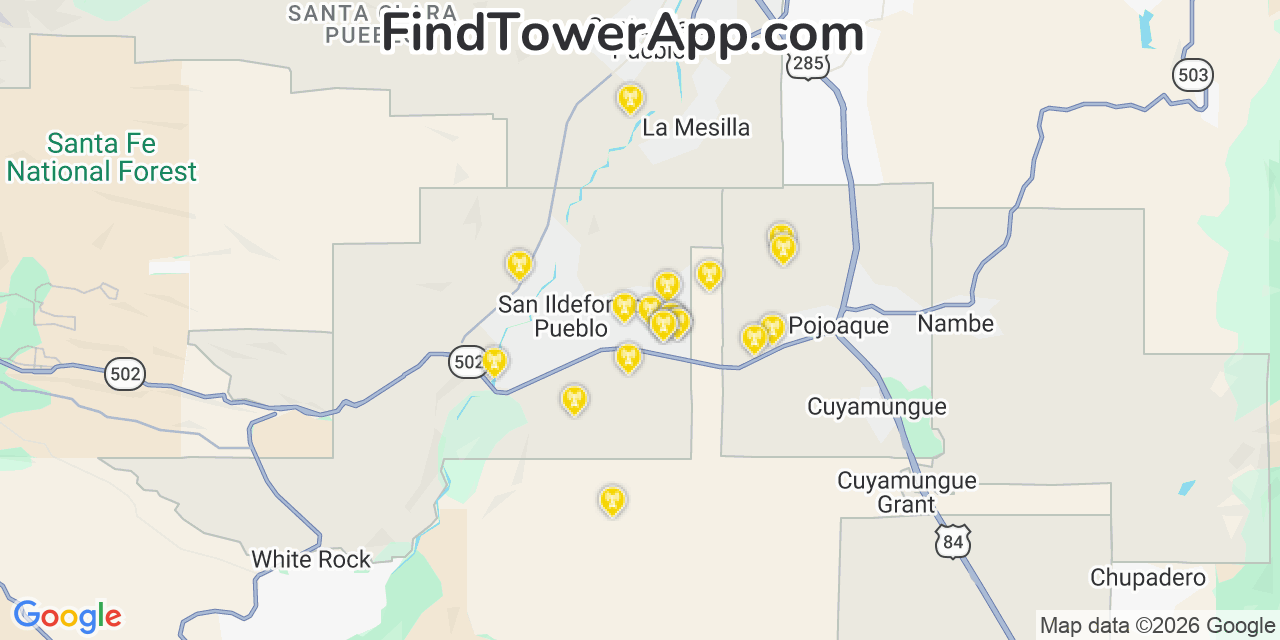 Map showing the 20 primary cell tower locations detected in El Rancho, New Mexico from AT&T, Verizon, and T-Mobile networks