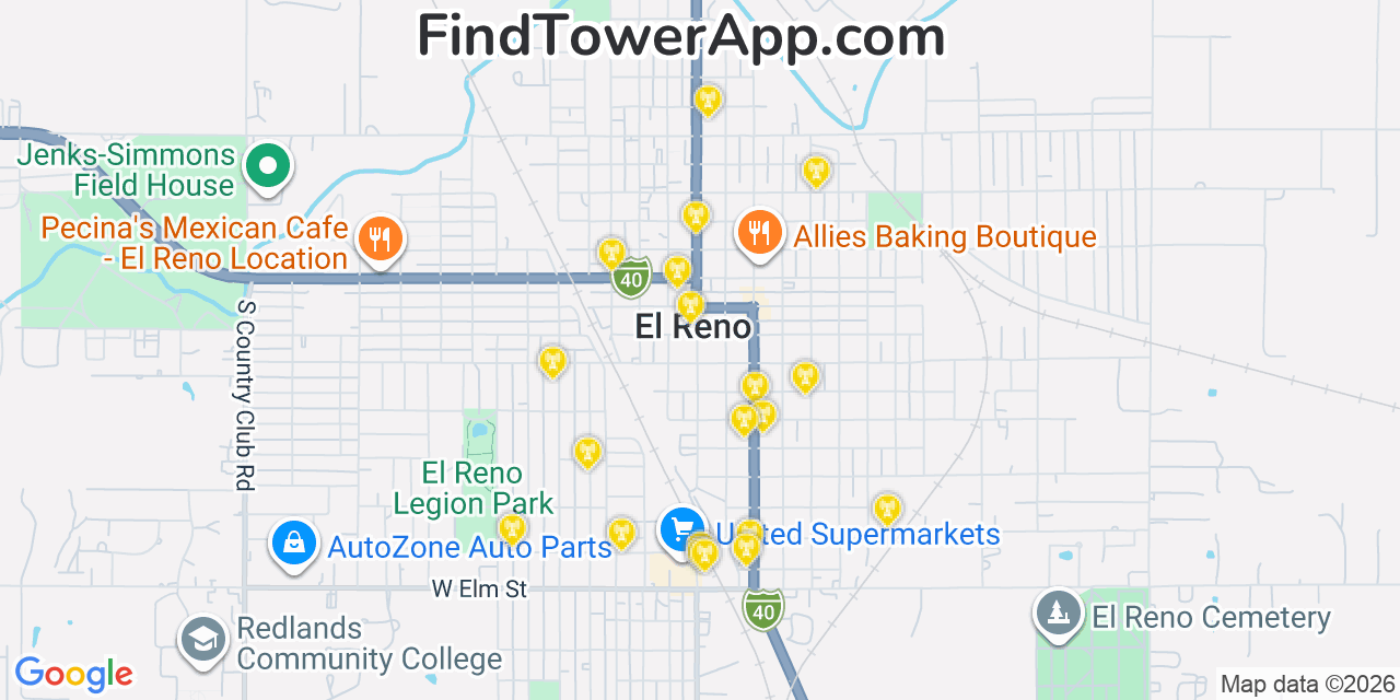 Map showing the 20 primary cell tower locations detected in El Reno, Oklahoma from AT&T, Verizon, and T-Mobile networks