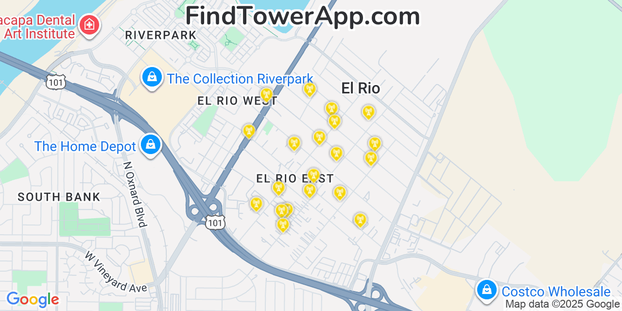 Map showing the 20 primary cell tower locations detected in El Rio, California from AT&T, Verizon, and T-Mobile networks