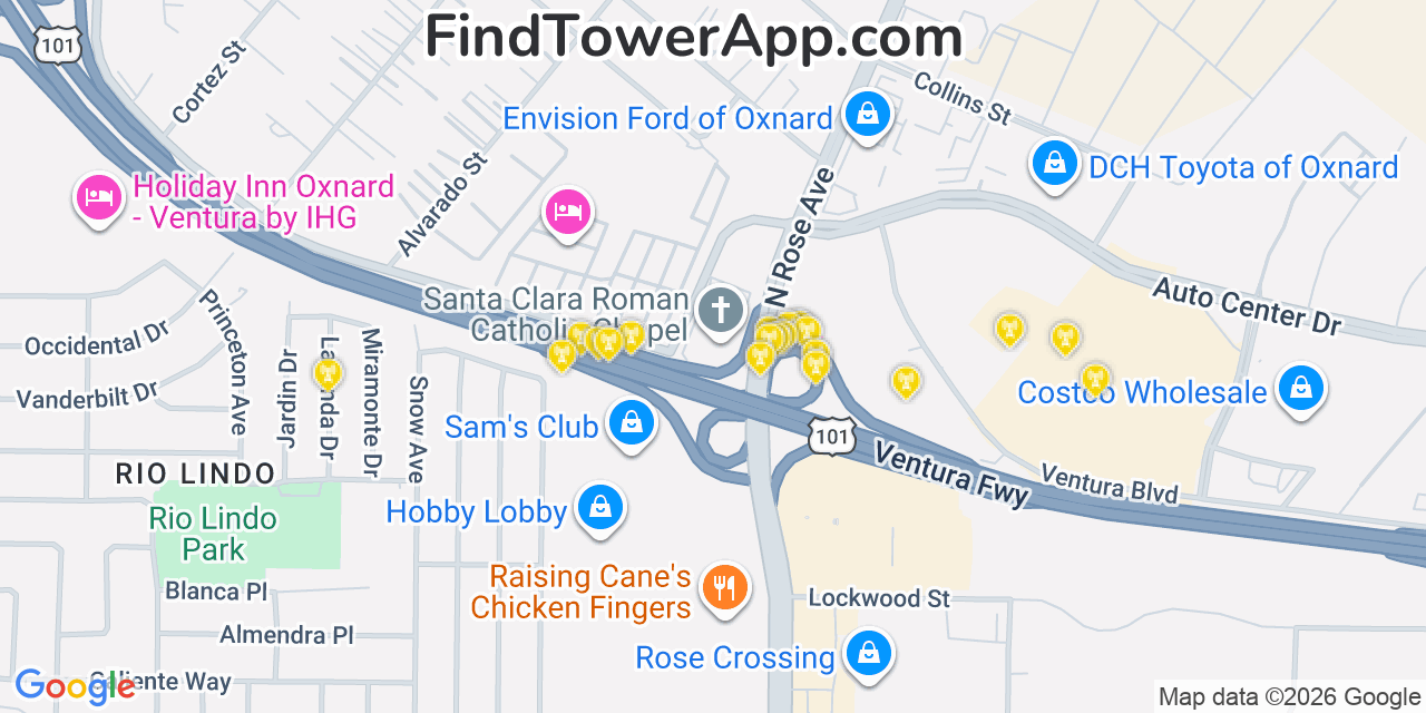 Map showing the 20 primary cell tower locations detected in El Rio, California from AT&T, Verizon, and T-Mobile networks