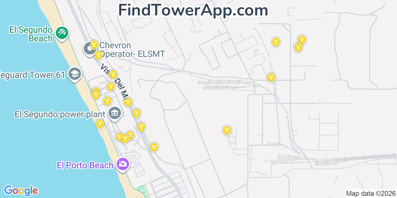 Map showing the 20 primary cell tower locations detected in El Segundo, California from AT&T, Verizon, and T-Mobile networks