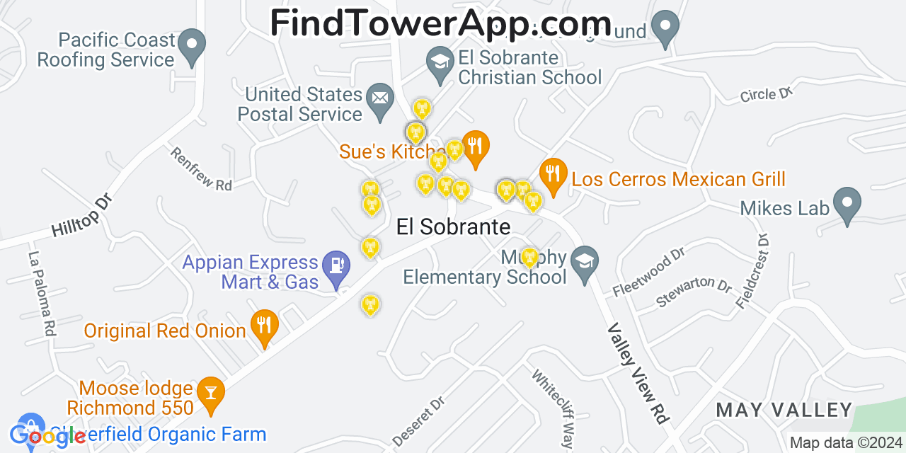 AT&T 4G/5G cell tower coverage map El Sobrante, California