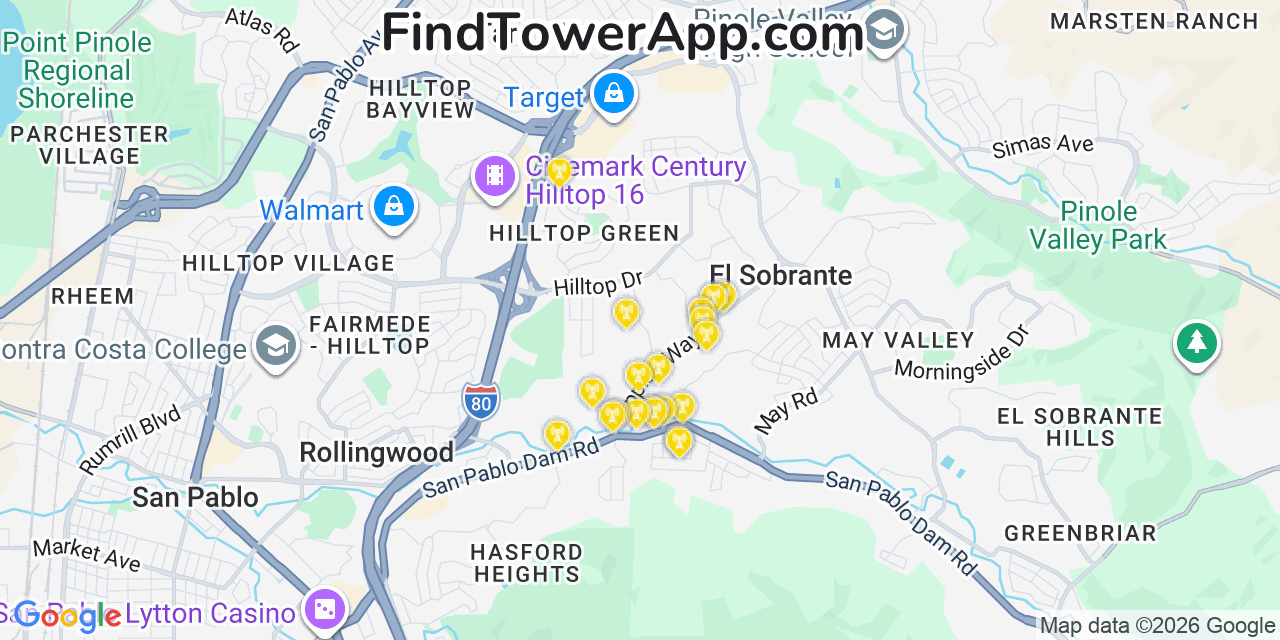 Map showing the 20 primary cell tower locations detected in El Sobrante, California from AT&T, Verizon, and T-Mobile networks