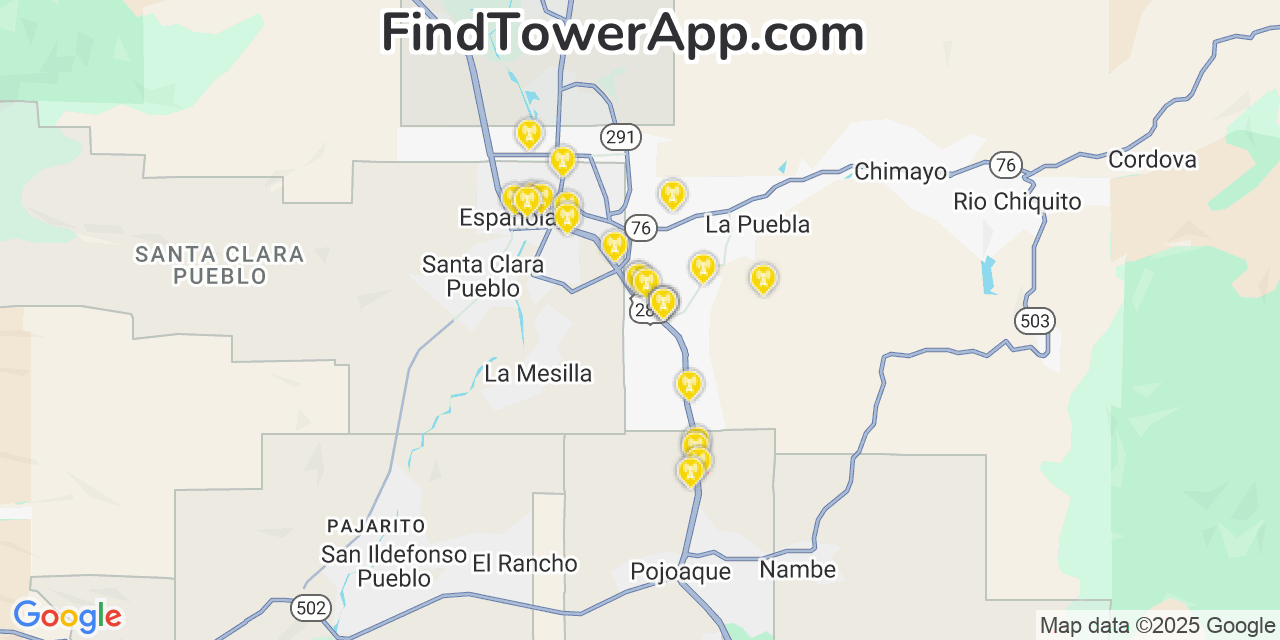 Map showing the 23 primary AT&T cell tower locations detected in El Valle De Arroyo Seco, New Mexico with coverage radius and signal strength indicators