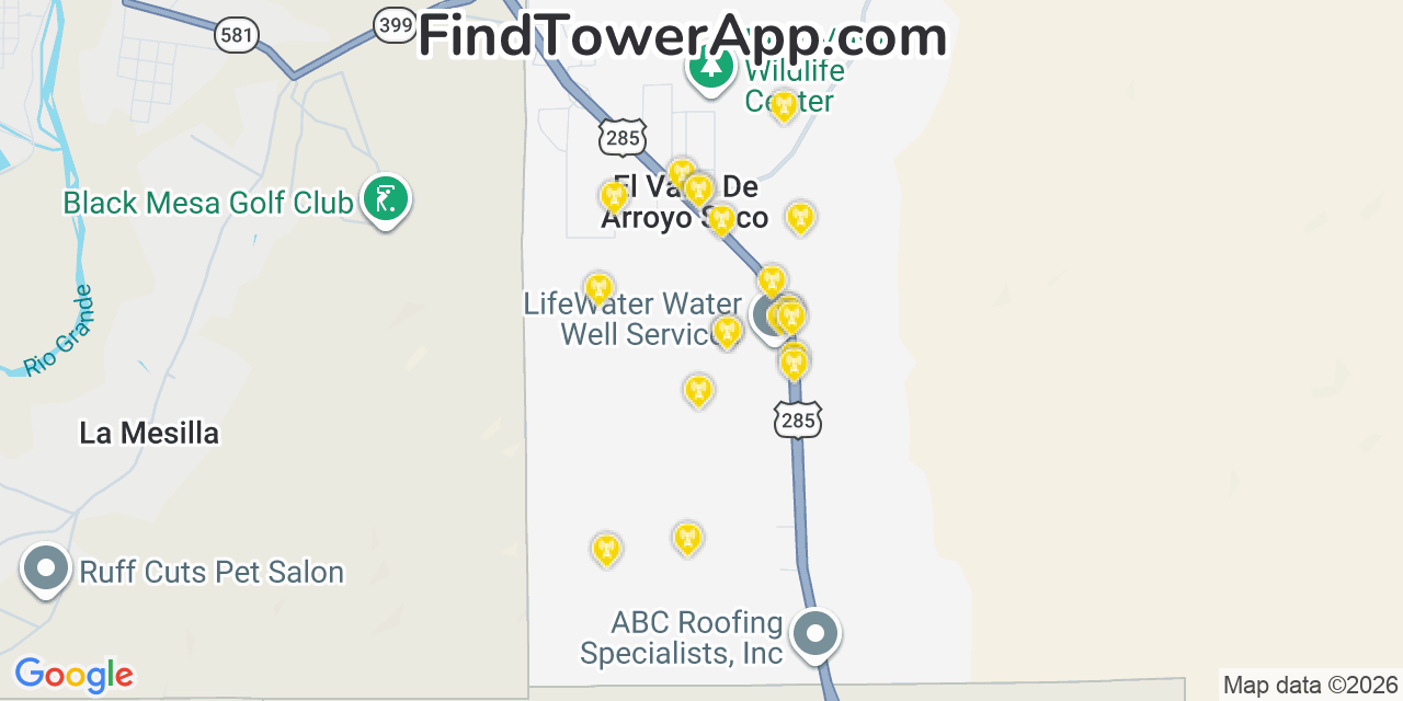 Map showing the 20 primary cell tower locations detected in El Valle De Arroyo Seco, New Mexico from AT&T, Verizon, and T-Mobile networks
