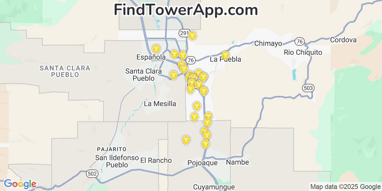 Map showing the 26 primary T-Mobile cell tower locations detected in El Valle De Arroyo Seco, New Mexico with coverage radius and signal strength indicators