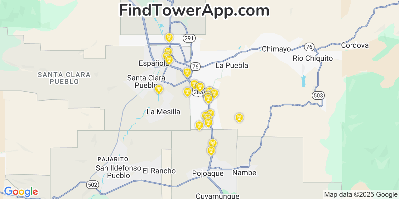 Map showing the 23 primary Verizon cell tower locations detected in El Valle De Arroyo Seco, New Mexico with coverage radius and signal strength indicators