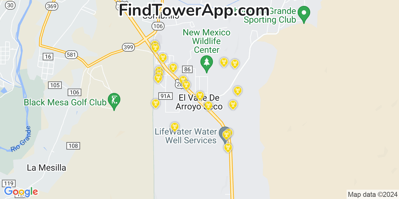 AT&T 4G/5G cell tower coverage map El Valle de Arroyo Seco, New Mexico