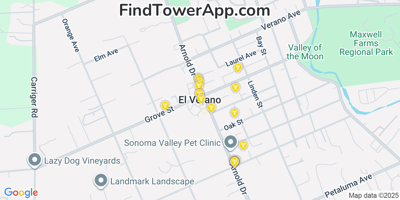 Map showing the 20 primary cell tower locations detected in El Verano, California from AT&T, Verizon, and T-Mobile networks
