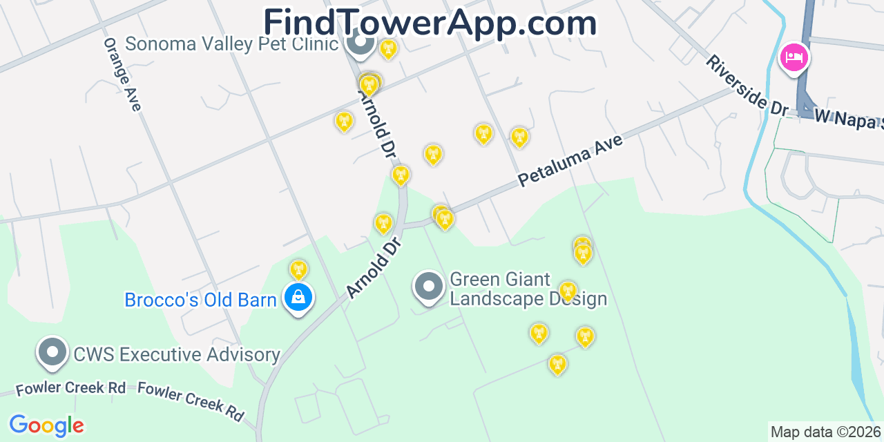Map showing the 20 primary cell tower locations detected in El Verano, California from AT&T, Verizon, and T-Mobile networks