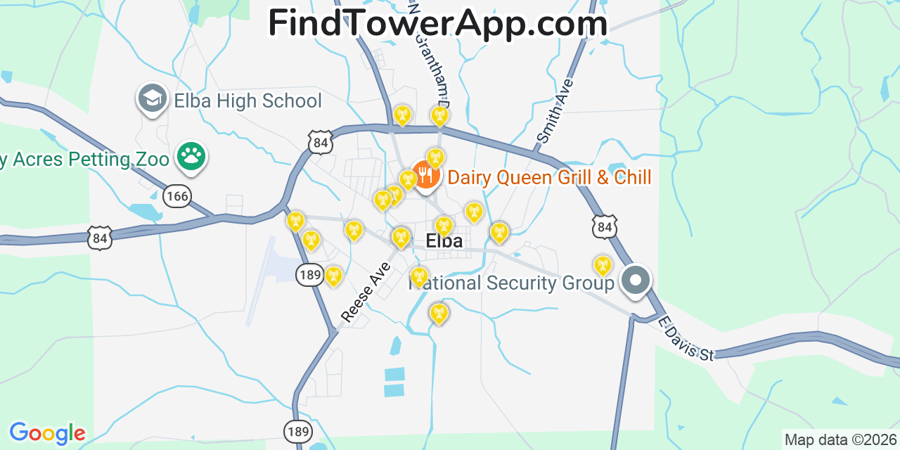 Map showing the 20 primary cell tower locations detected in Elba, Alabama from AT&T, Verizon, and T-Mobile networks