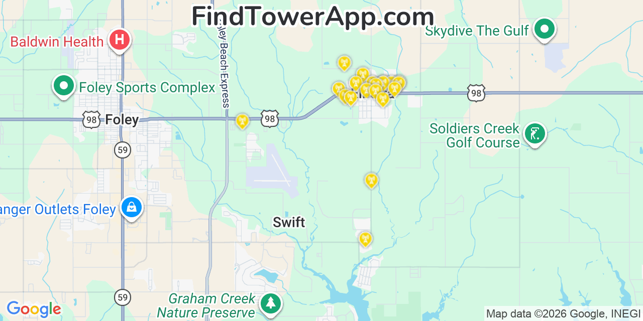 Map showing the 20 primary cell tower locations detected in Elberta, Alabama from AT&T, Verizon, and T-Mobile networks