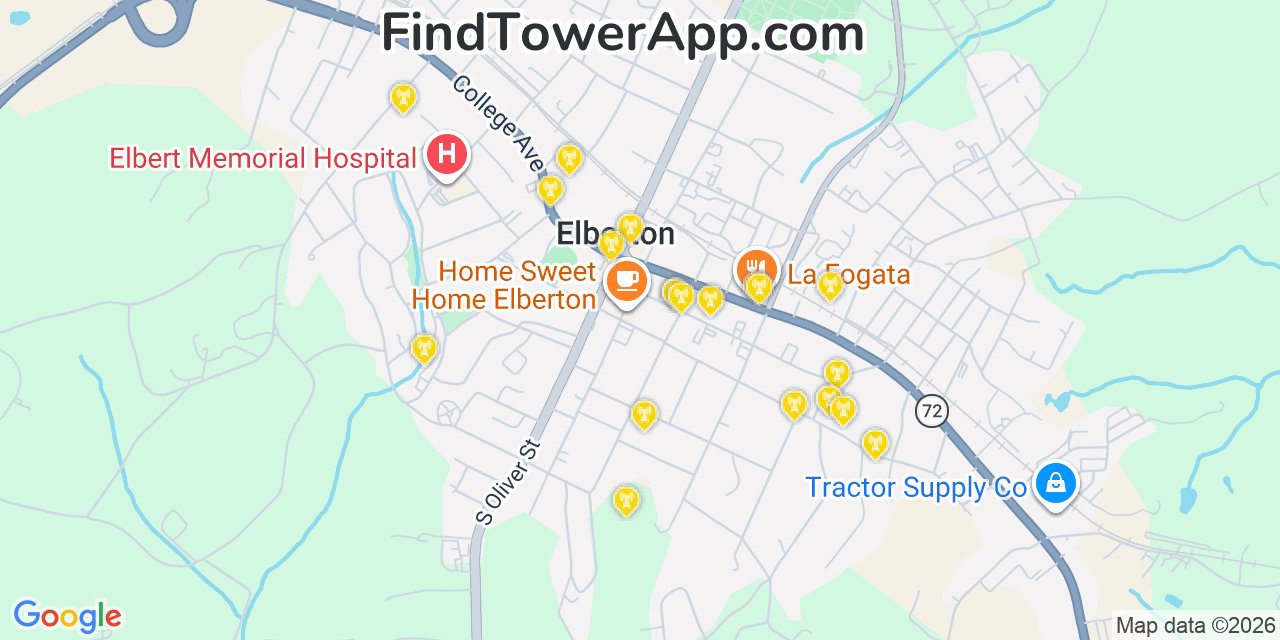 Map showing the 20 primary cell tower locations detected in Elberton, Georgia from AT&T, Verizon, and T-Mobile networks