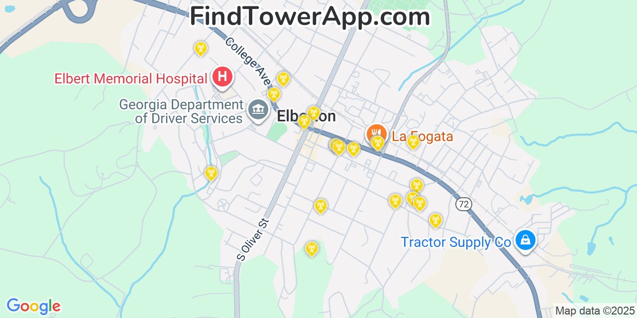 Map showing the 20 primary Mobitel cell tower locations detected in Elberton, Georgia with coverage radius and signal strength indicators