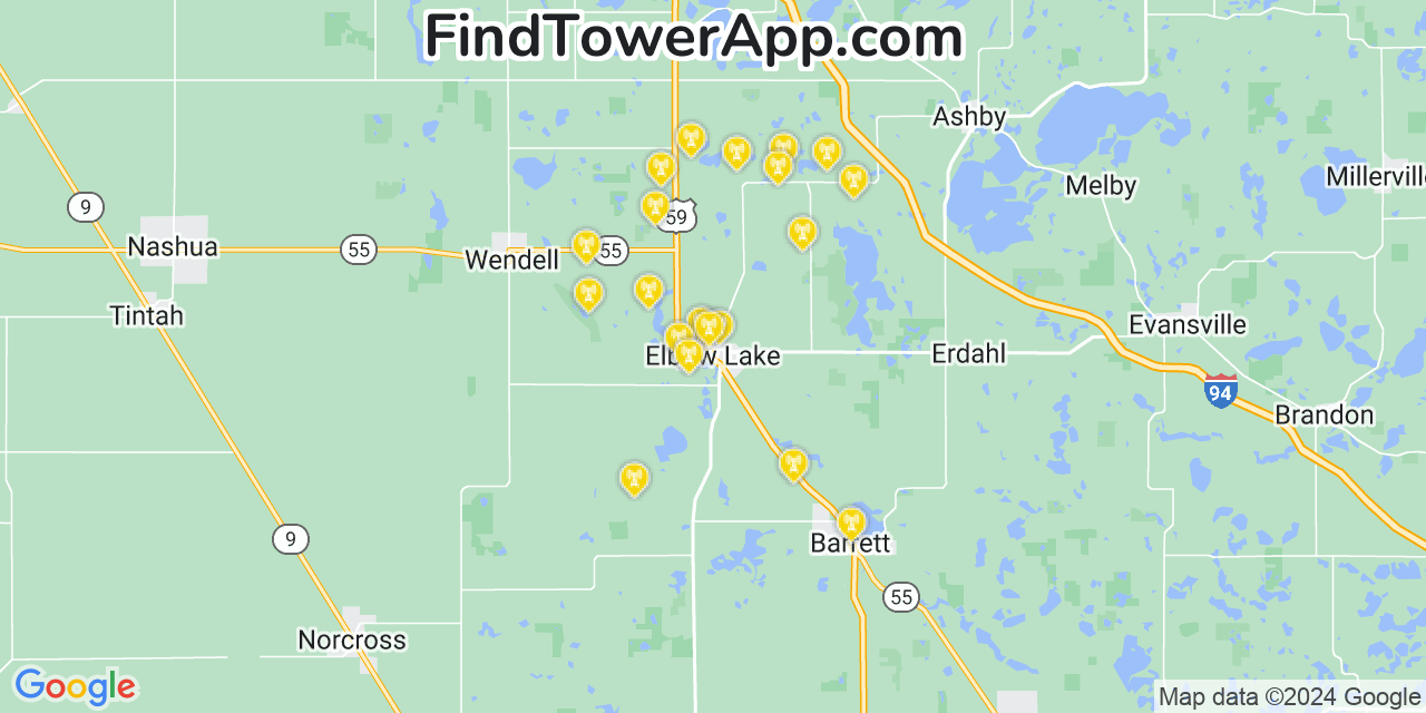 AT&T 4G/5G cell tower coverage map Elbow Lake, Minnesota