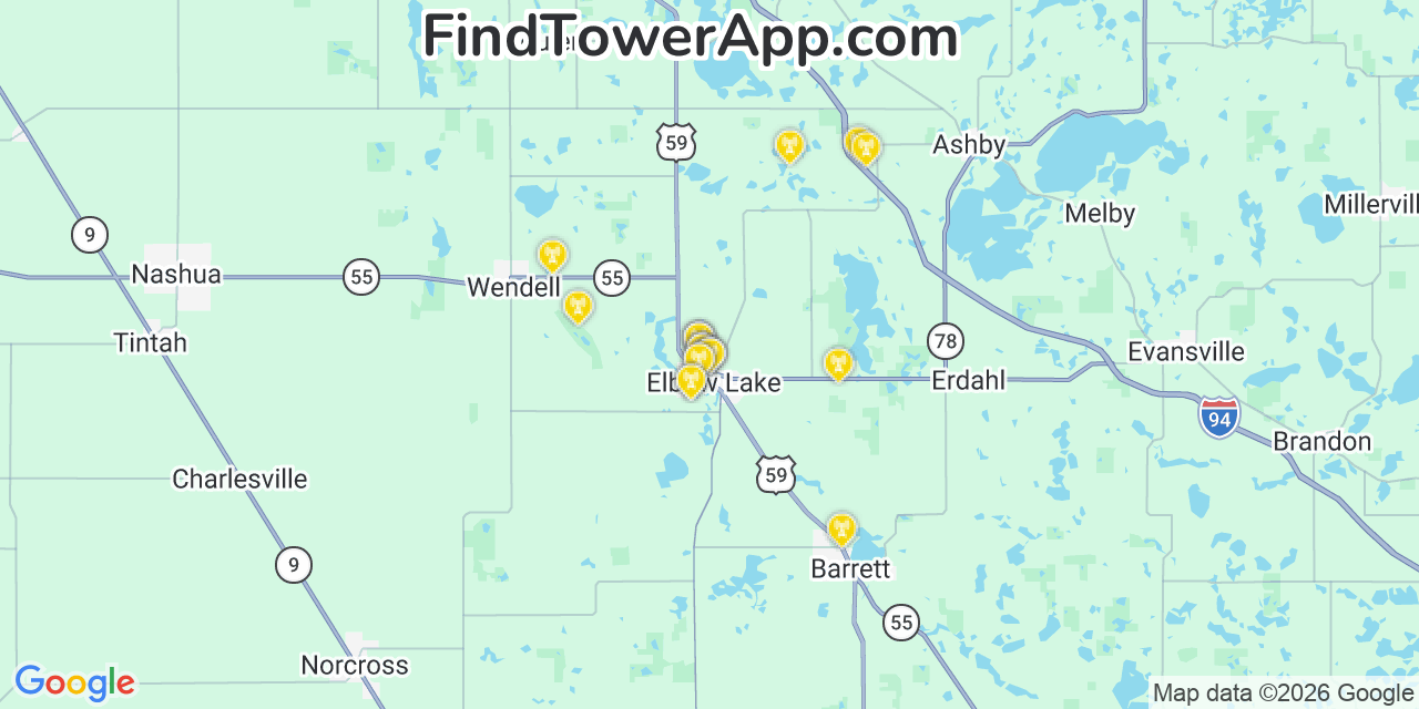 Map showing the 20 primary cell tower locations detected in Elbow Lake, Minnesota from AT&T, Verizon, and T-Mobile networks
