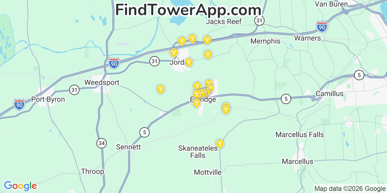 Map showing the 20 primary cell tower locations detected in Elbridge, New York from AT&T, Verizon, and T-Mobile networks