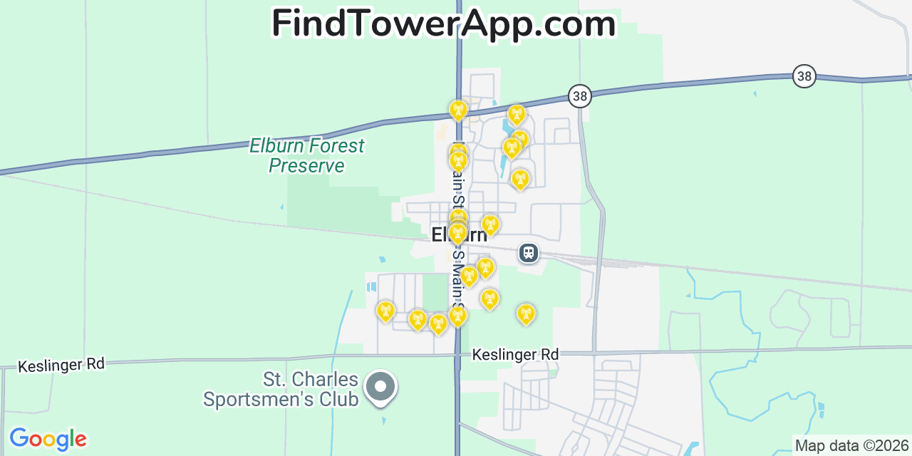 Map showing the 20 primary cell tower locations detected in Elburn, Illinois from AT&T, Verizon, and T-Mobile networks