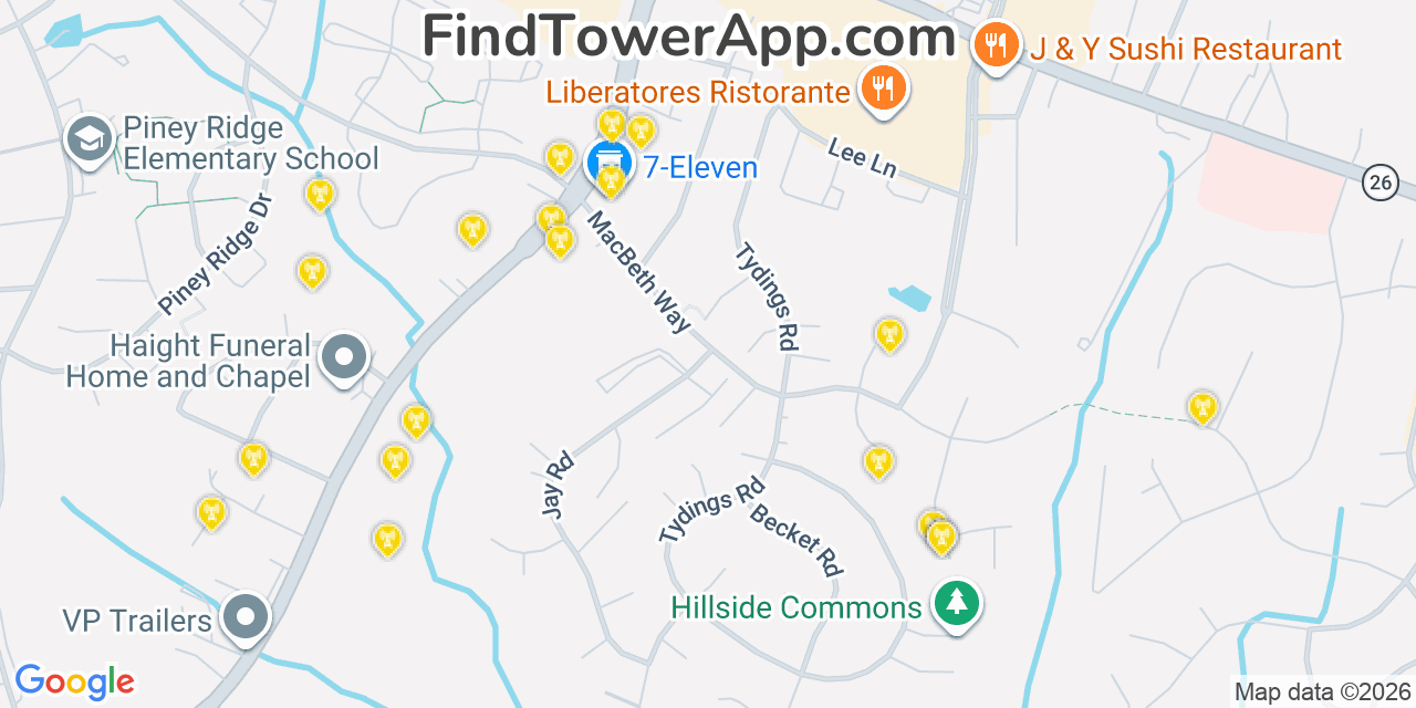 Map showing the 20 primary cell tower locations detected in Eldersburg, Maryland from AT&T, Verizon, and T-Mobile networks
