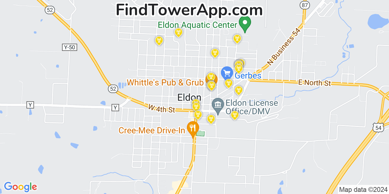 AT&T 4G/5G cell tower coverage map Eldon, Missouri