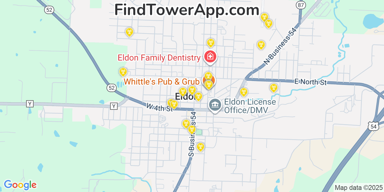 Map showing the 20 primary cell tower locations detected in Eldon, Missouri from AT&T, Verizon, and T-Mobile networks