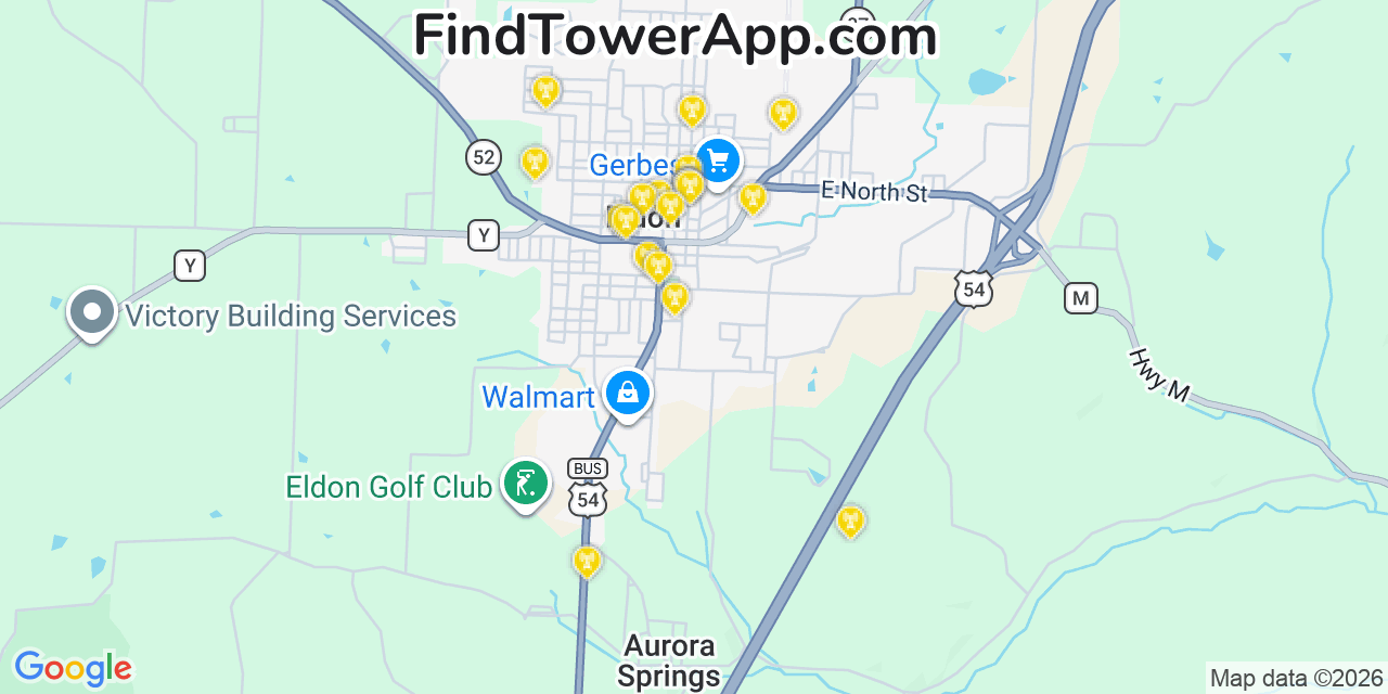 Map showing the 20 primary cell tower locations detected in Eldon, Missouri from AT&T, Verizon, and T-Mobile networks