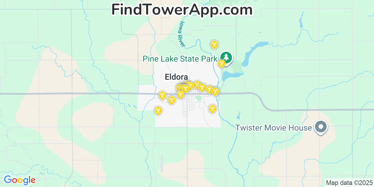 Map showing the 20 primary cell tower locations detected in Eldora, Iowa from AT&T, Verizon, and T-Mobile networks