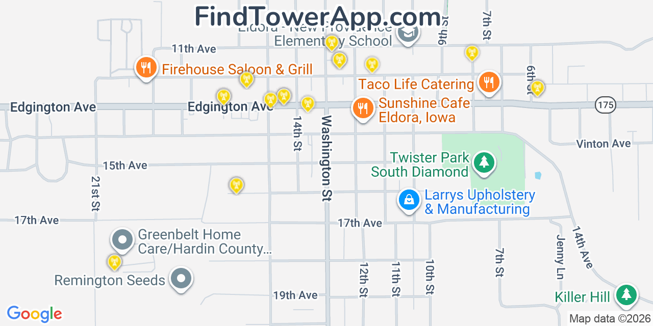 Map showing the 20 primary cell tower locations detected in Eldora, Iowa from AT&T, Verizon, and T-Mobile networks